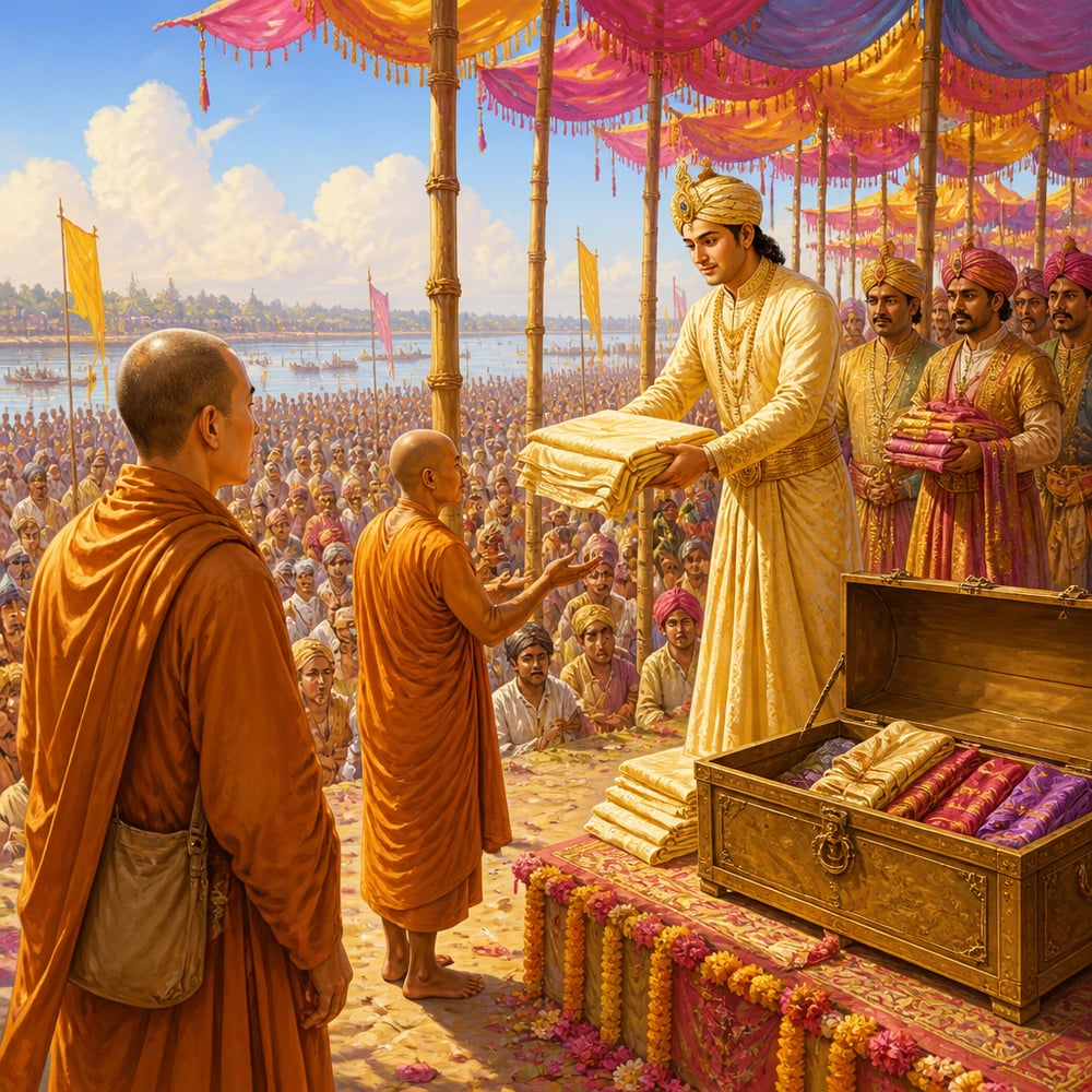Xuanzang watching Harsha distribute silk robes at Prayaga in 643 CE