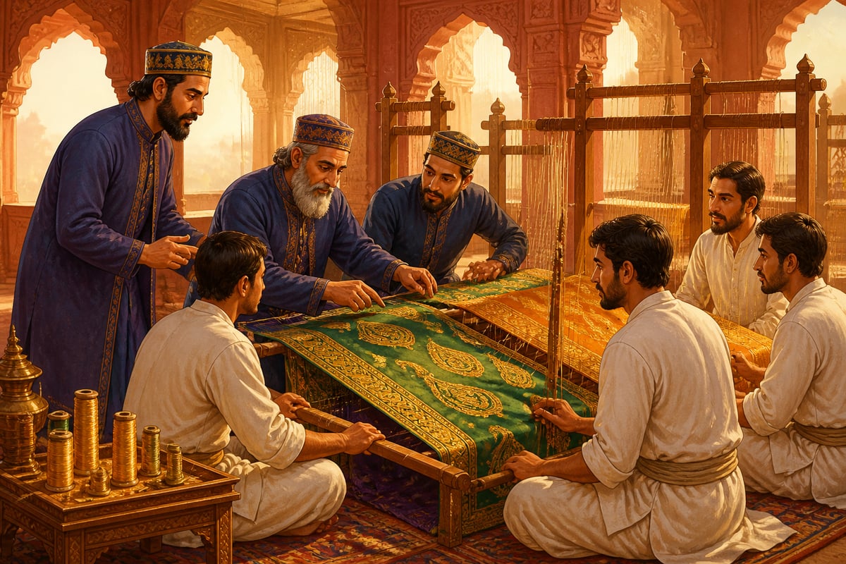 Persian master weavers teaching Banarasi weavers at Akbar's karkhana