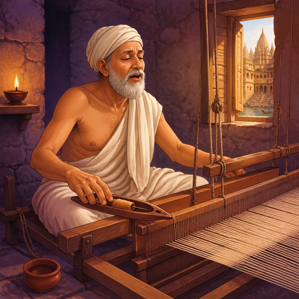 Kabir the weaver-saint singing at his pit loom in Kashi