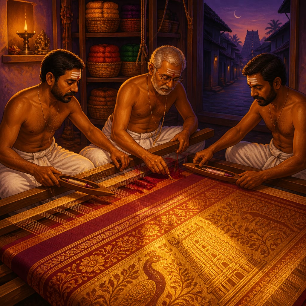 Three Devanga weavers working a korvai bridal saree before dawn in Pillayarpalayam