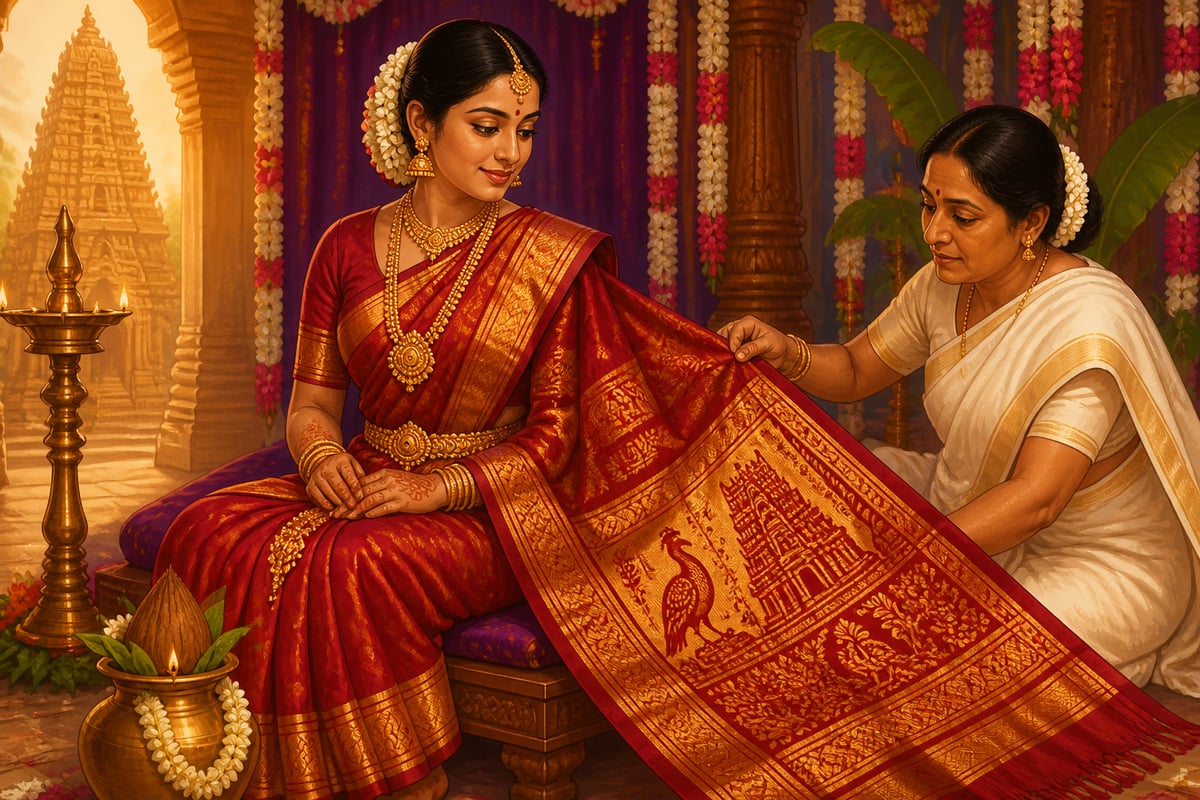 A Tamil bride dressed as Lakshmi in a Kanchipuram bridal silk saree