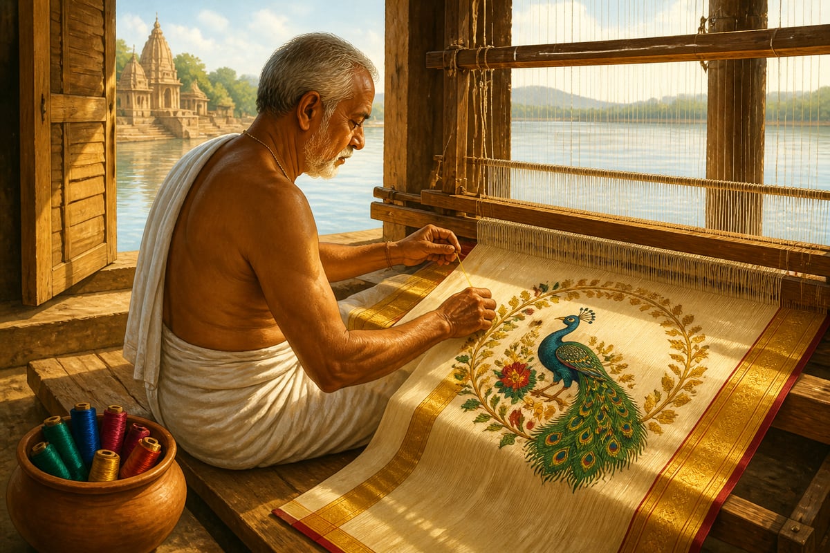 A Paithan weaver building the Morbangadi peacock motif on a Paithani pallu