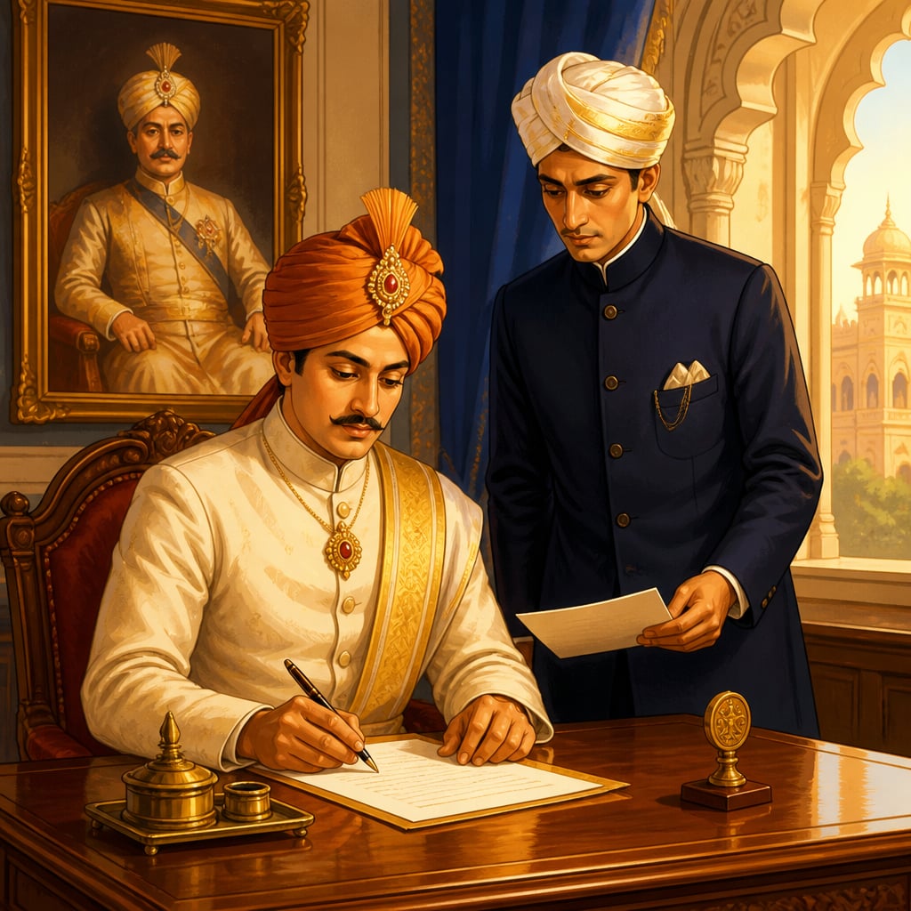 Wadiyar IV signing the 1912 order founding the Mysore Silk Weaving Factory