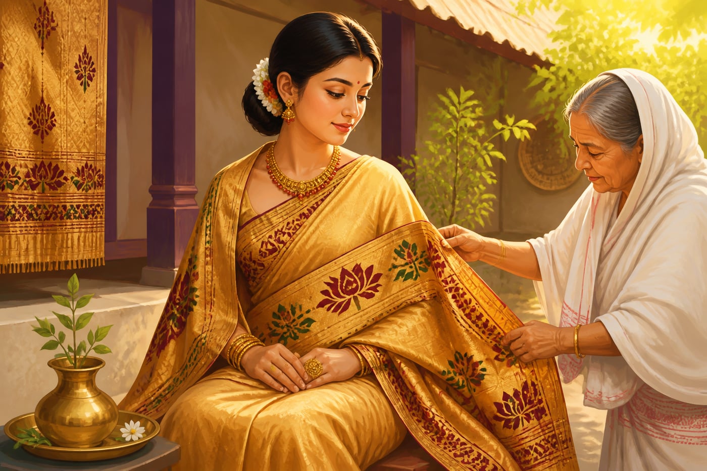 An Assamese bride in a golden Muga mekhela chador