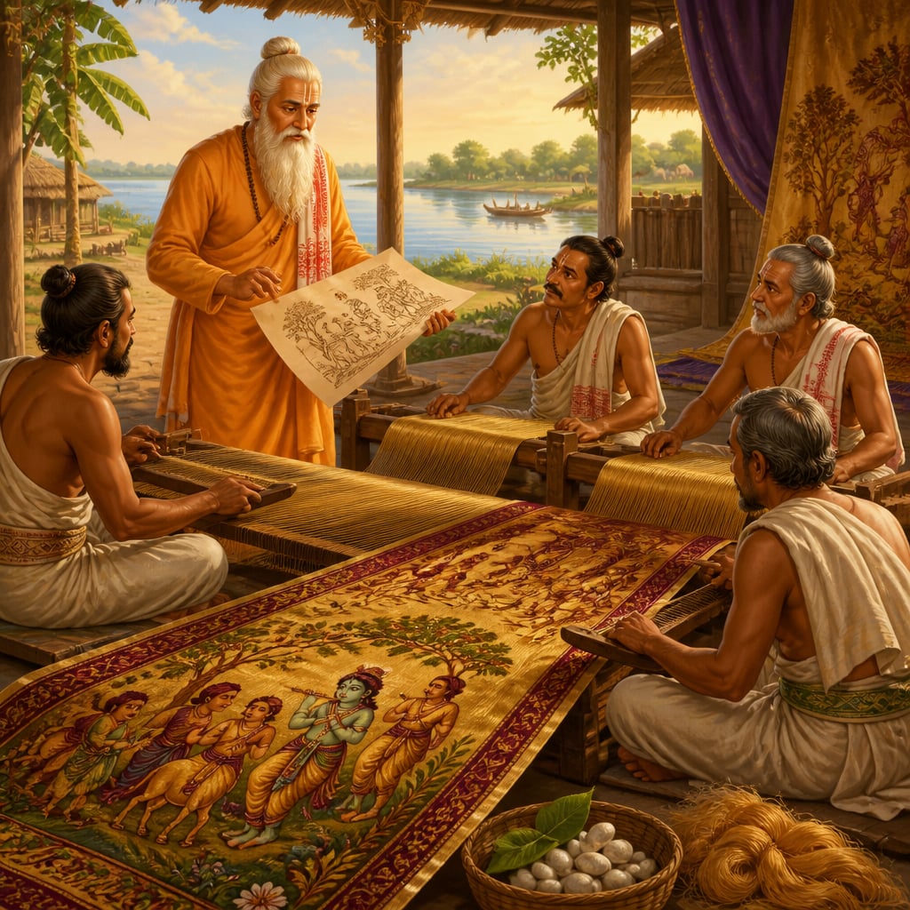 Sankaradeva directing the weaving of the Vrindavani Vastra in 1554