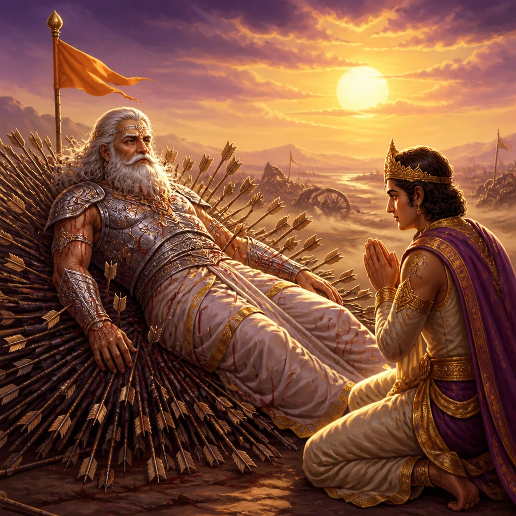 Bhishma on the bed of arrows at Kurukshetra