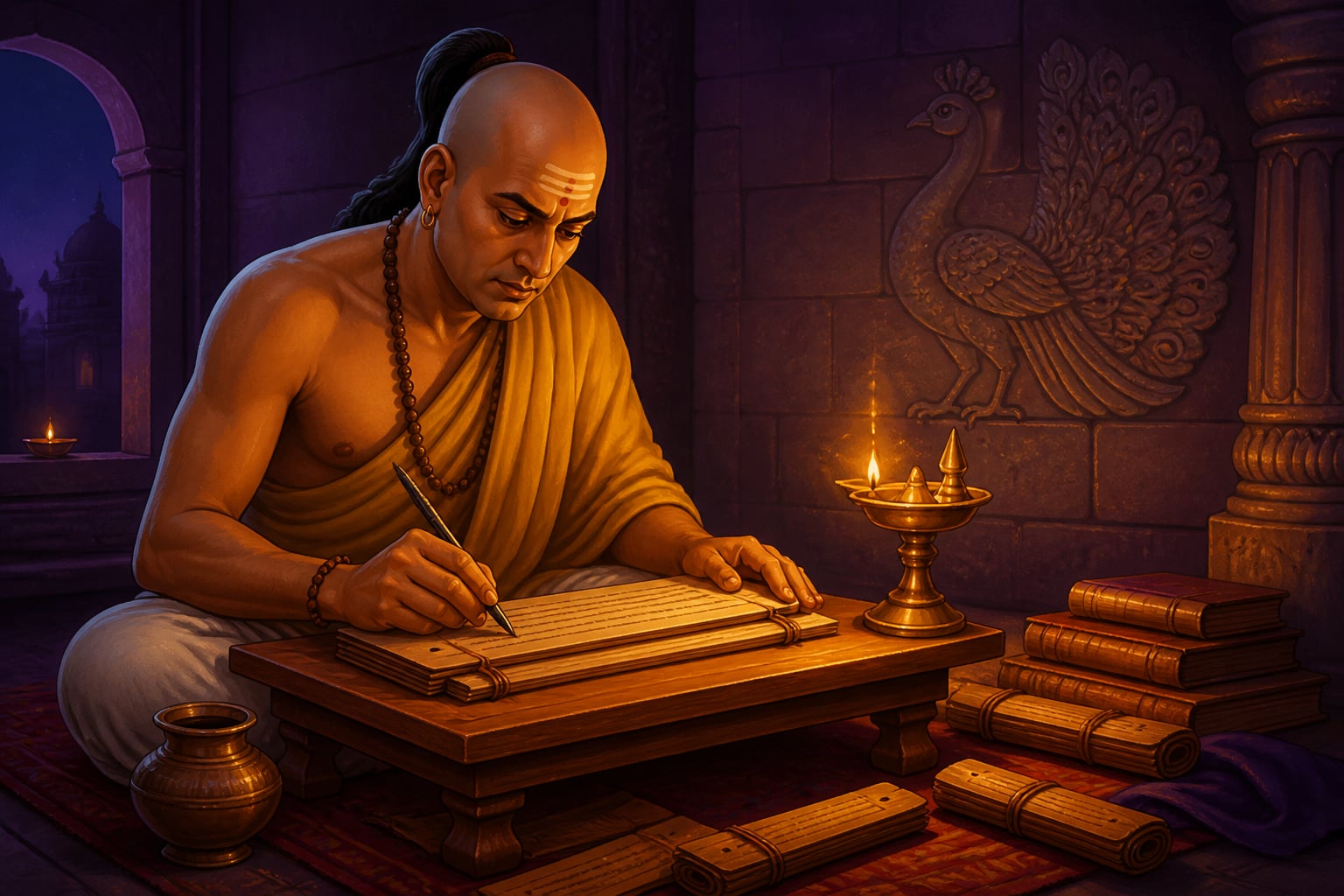 Kautilya drafting the Arthashastra by oil lamp