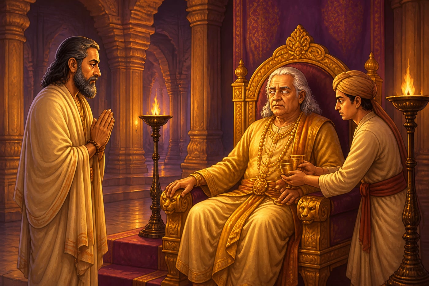 Vidura advising blind King Dhritarashtra in Hastinapura