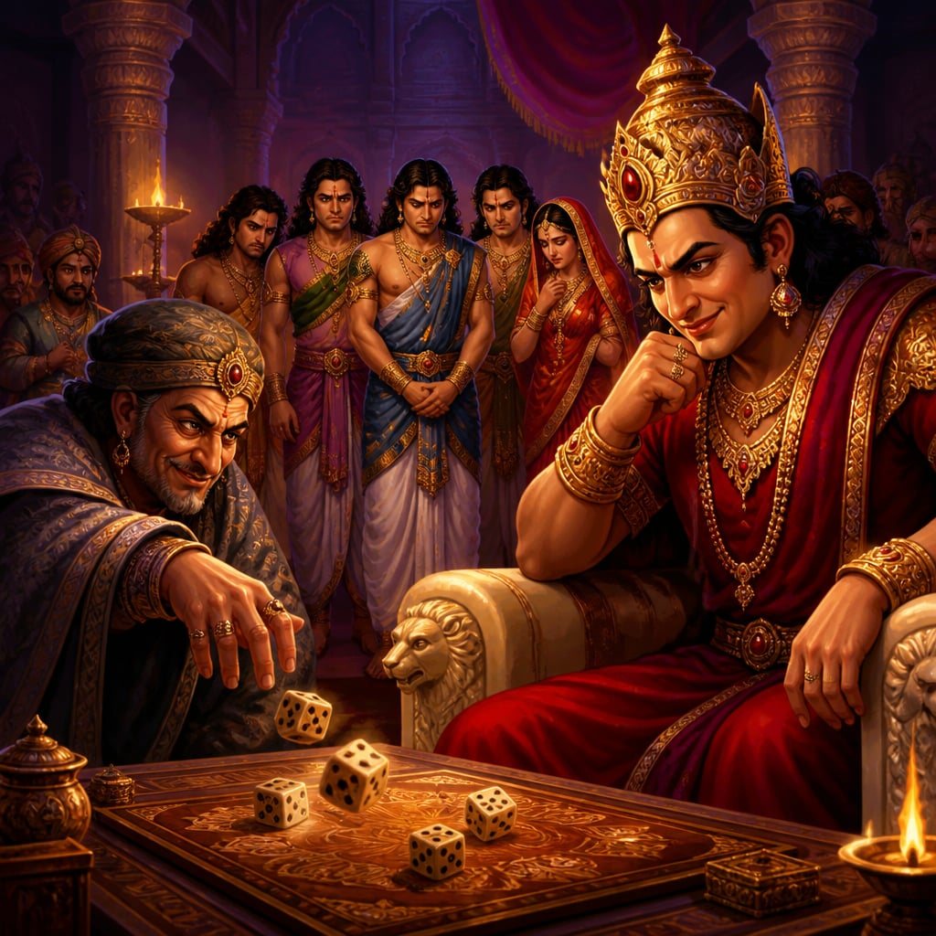 Duryodhana and Shakuni at the dice game in Hastinapura