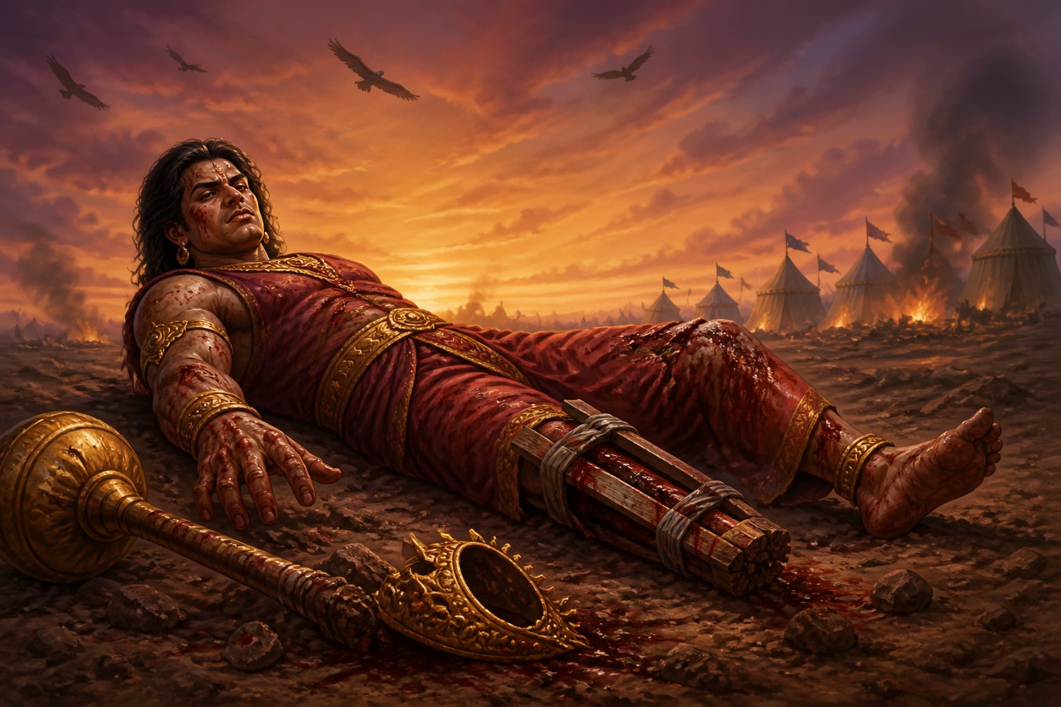 Duryodhana fallen on the Kurukshetra battlefield at dusk