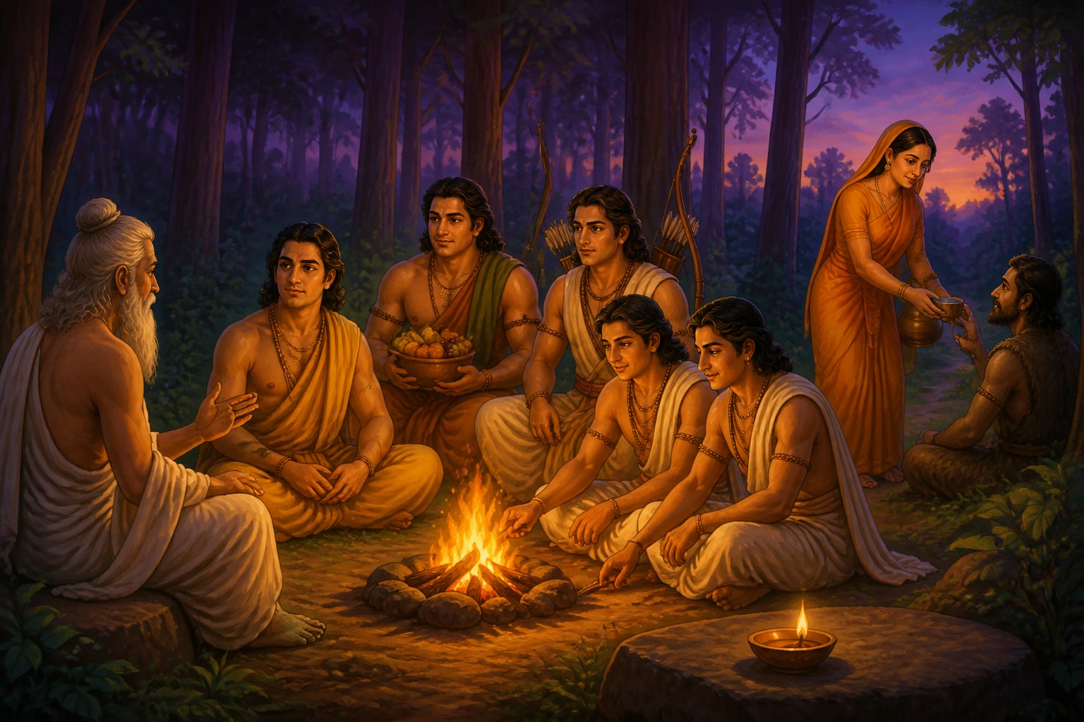Pandavas sharing a fire with a forest sage during exile
