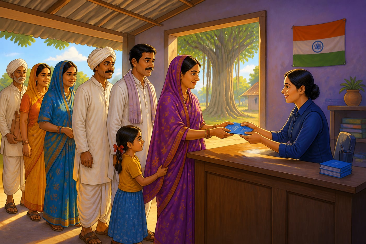 Rural villagers queue to receive new bank passbooks