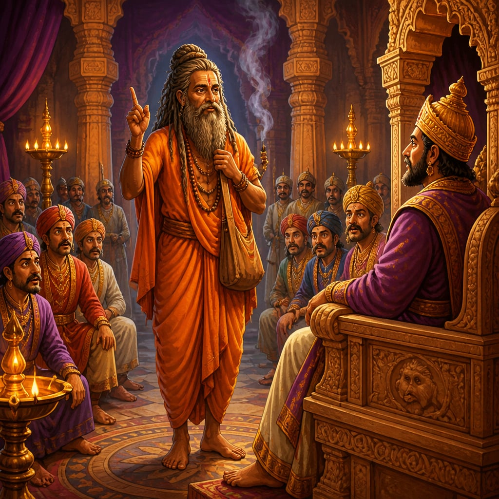 A wandering sadhu declares poverty's danger in a royal court
