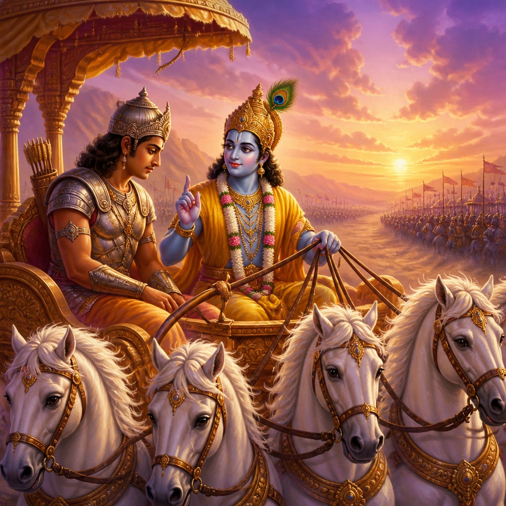 Krishna teaches Arjuna in the chariot at Kurukshetra dawn