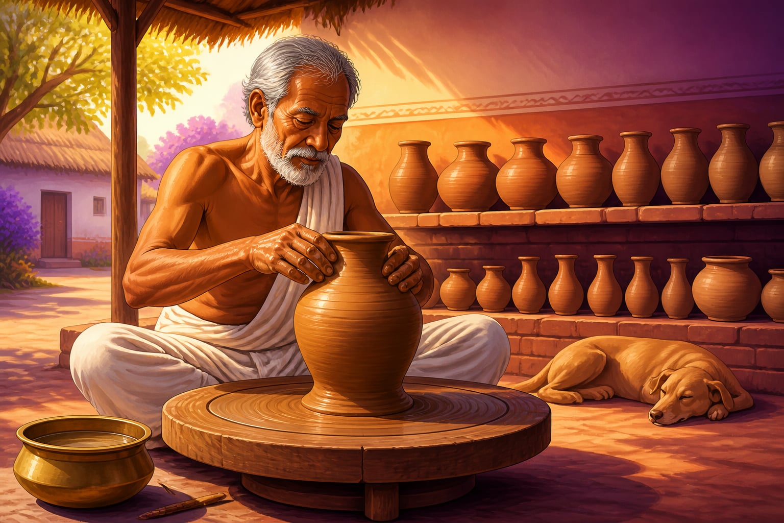A village potter at his wheel embodying sattvic work