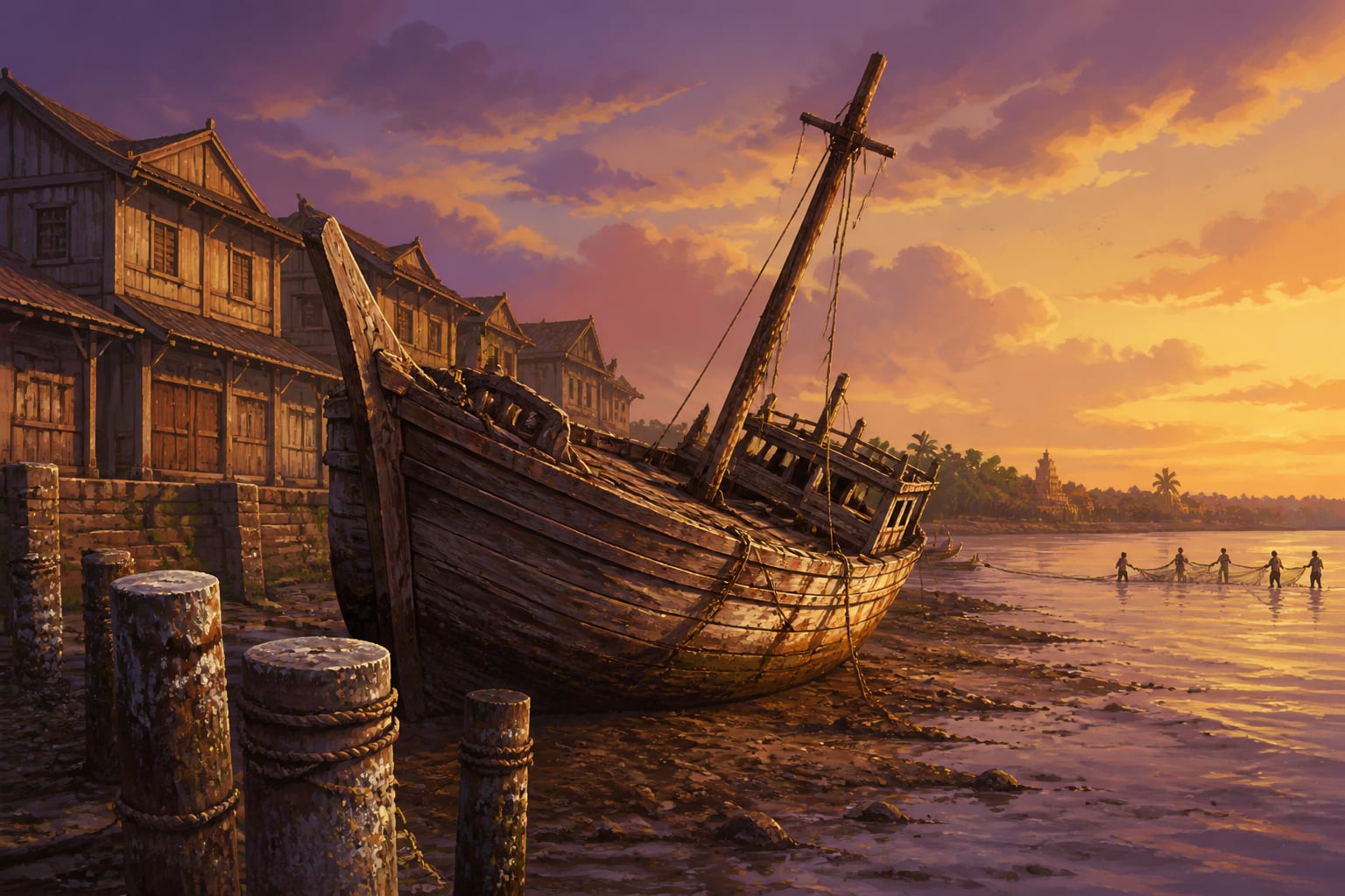 Abandoned Indian merchant dhow on a silting riverbank