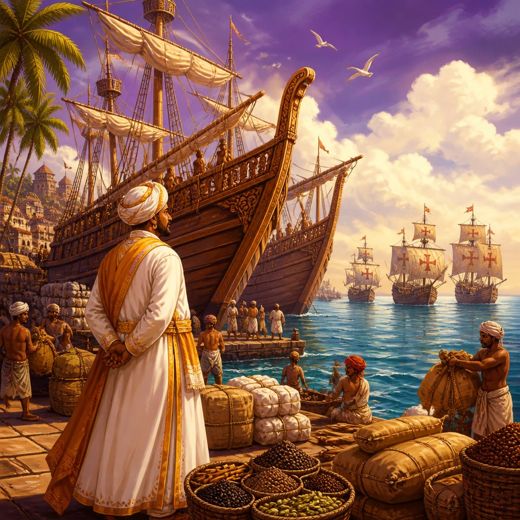 Portuguese caravels arrive at Calicut harbor in 1498
