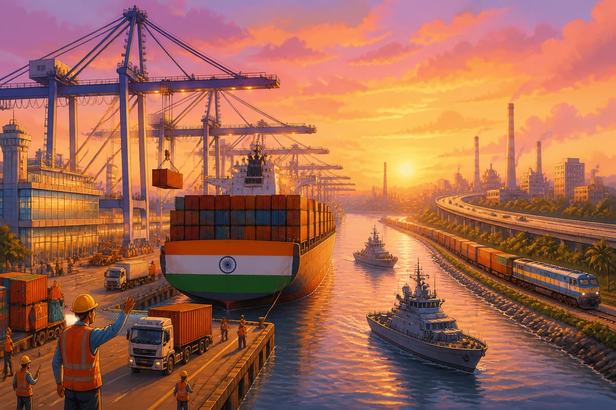 Modern Indian commercial port loading container ships at dawn