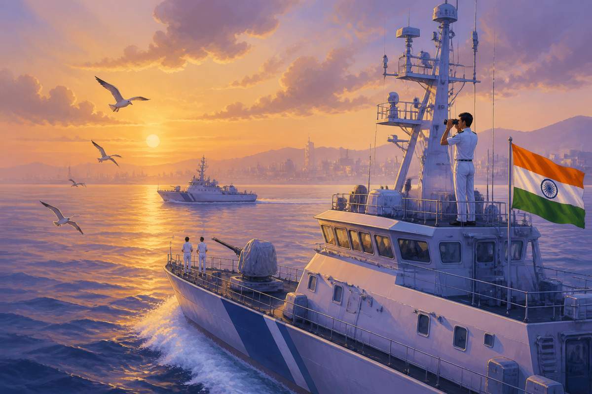 Indian Coast Guard patrol at dawn off the Arabian Sea