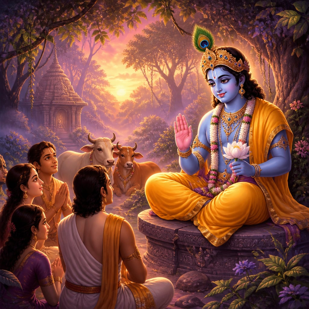 Krishna raises his hand in the yoga-kshema promise