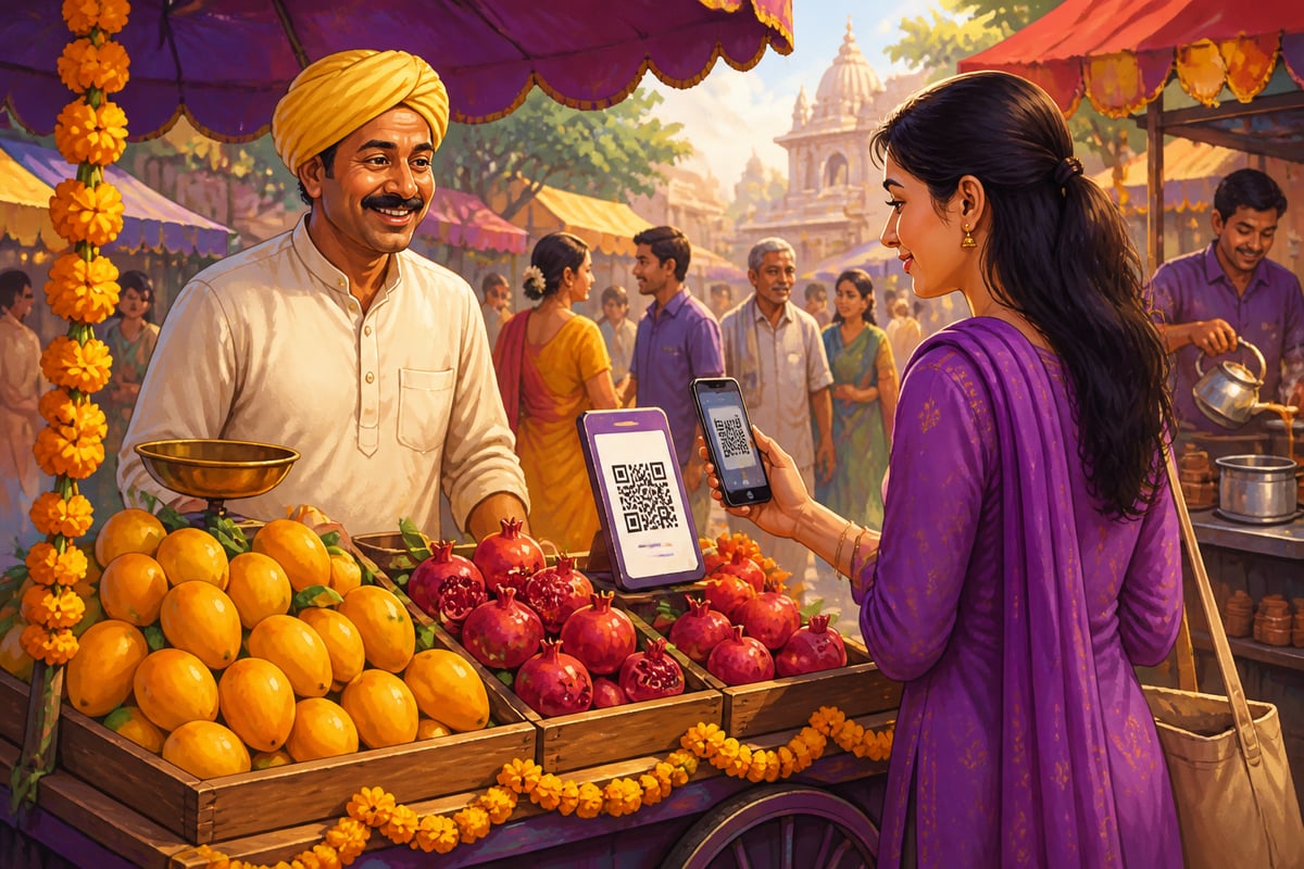 A fruit vendor accepts a UPI payment in an Indian market