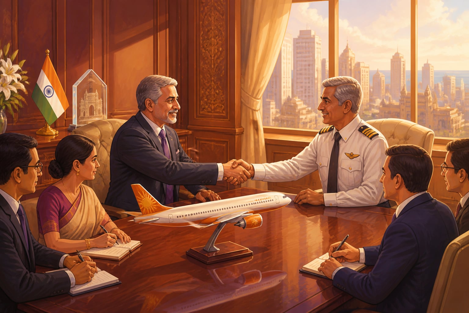 An Indian conglomerate signs an airline acquisition in a Mumbai boardroom