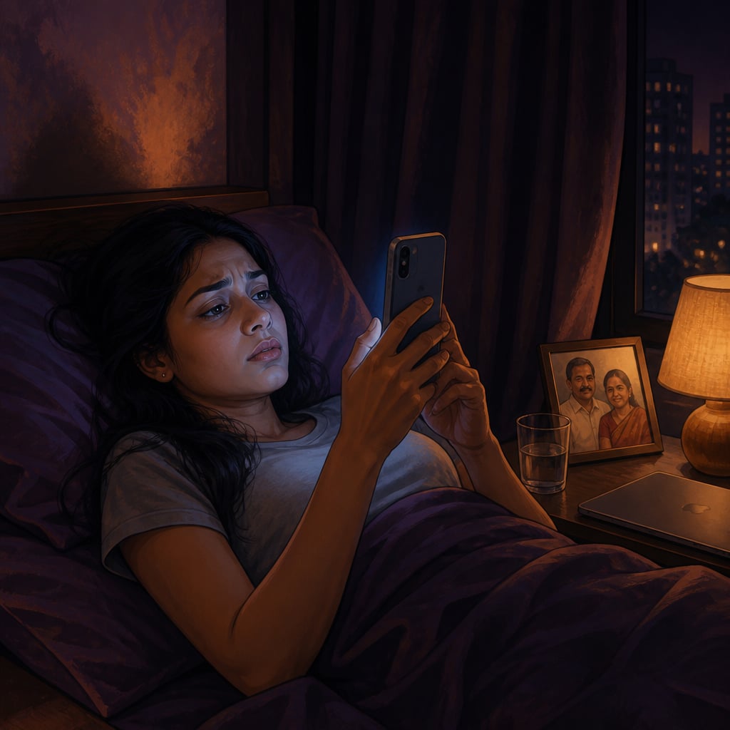 A young professional scrolling LinkedIn unable to sleep