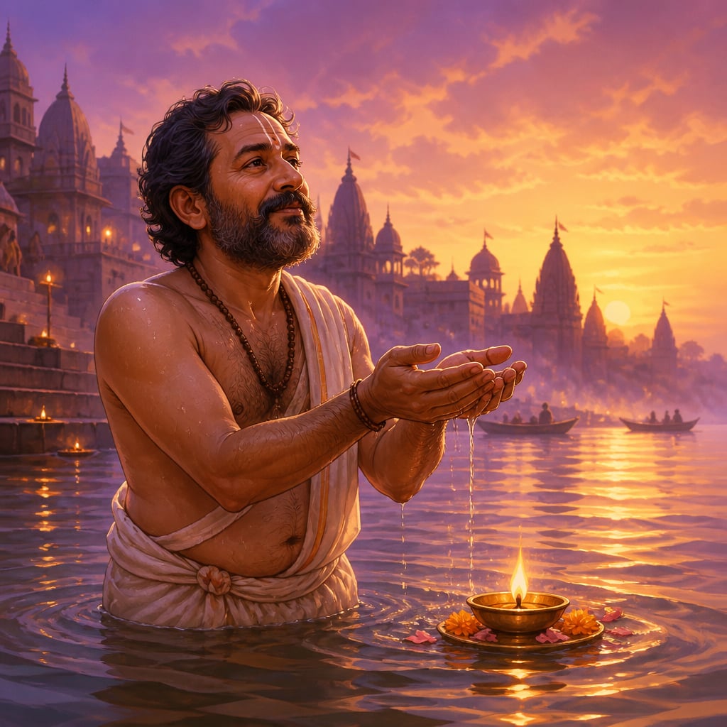 Merchant Dhanavardhana chanting in the Ganga at dawn