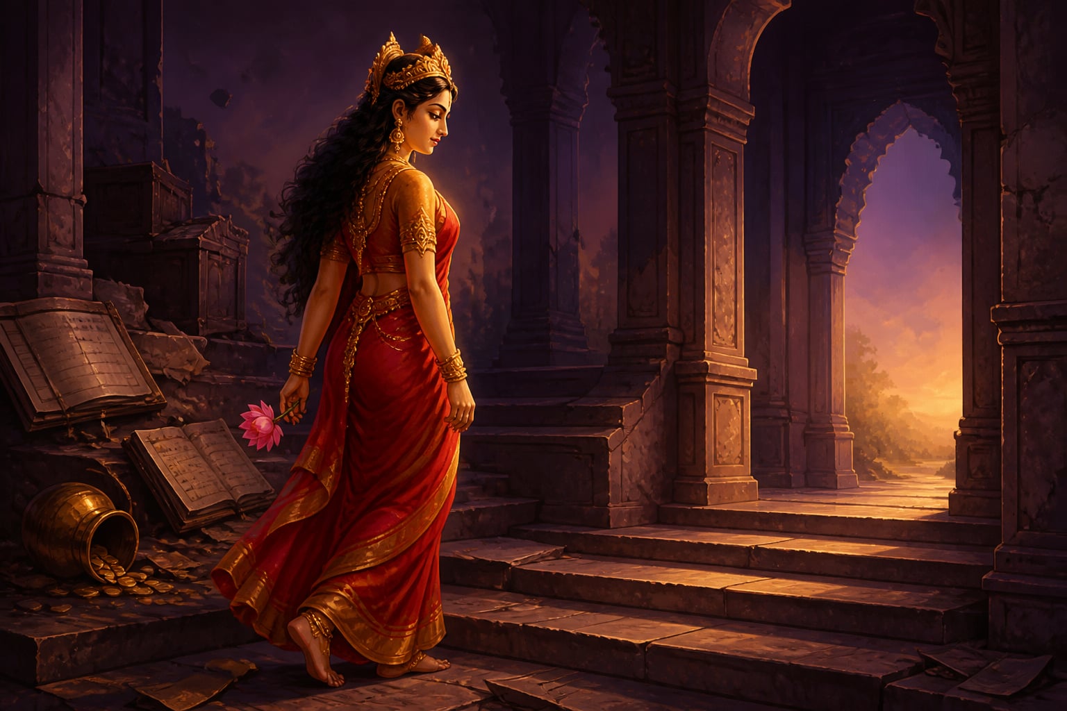 Lakshmi departing a dimming marble hall at dusk