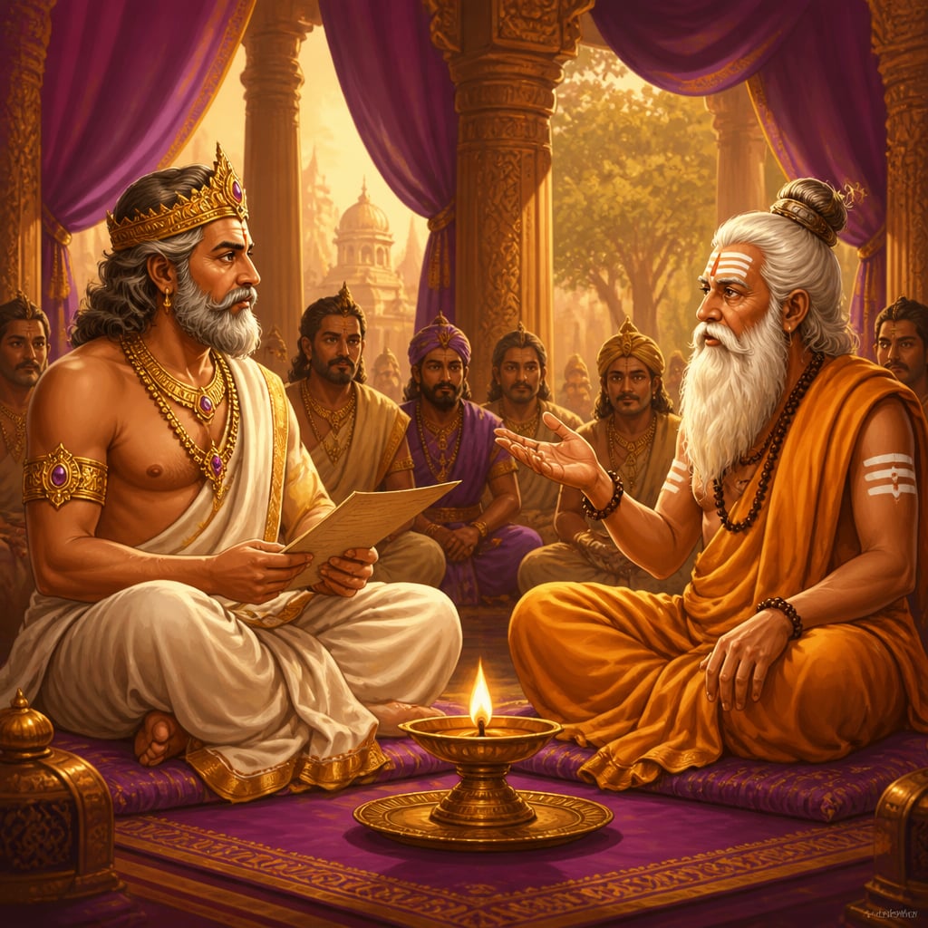 King Janaka listening to sage Yajnavalkya in court
