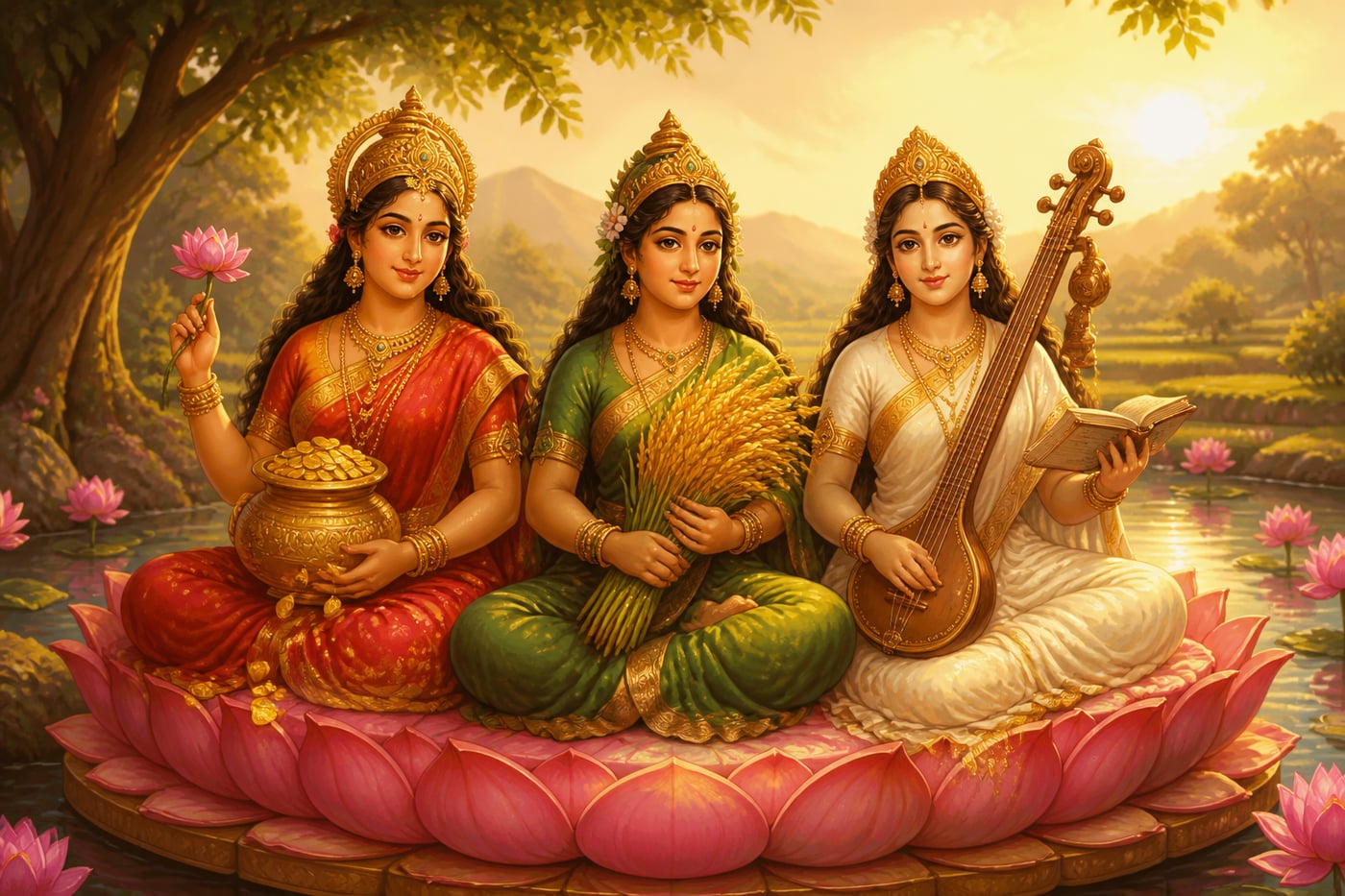 The three goddesses Shri, Bhu, and Vak seated together