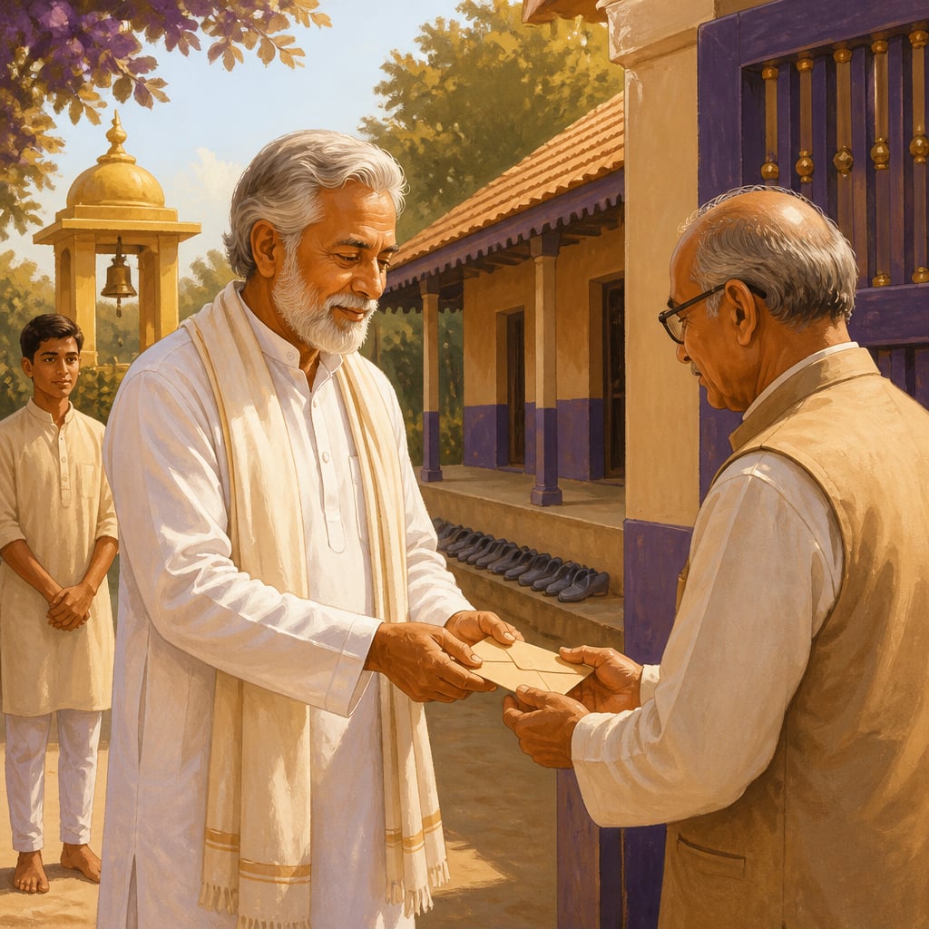 An elder industrialist donating quietly at a village school gate