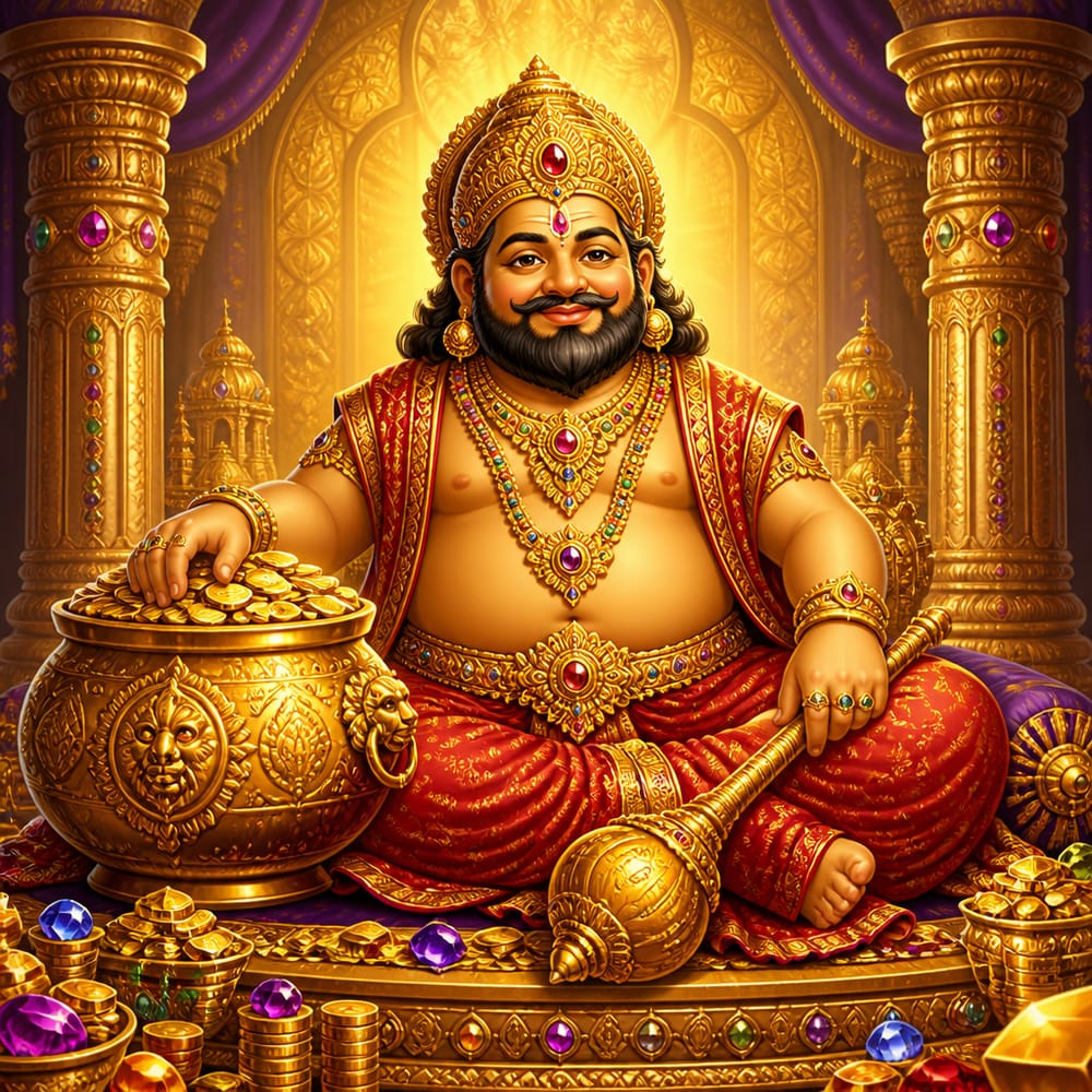 Kubera seated on a throne in his Alakapuri palace