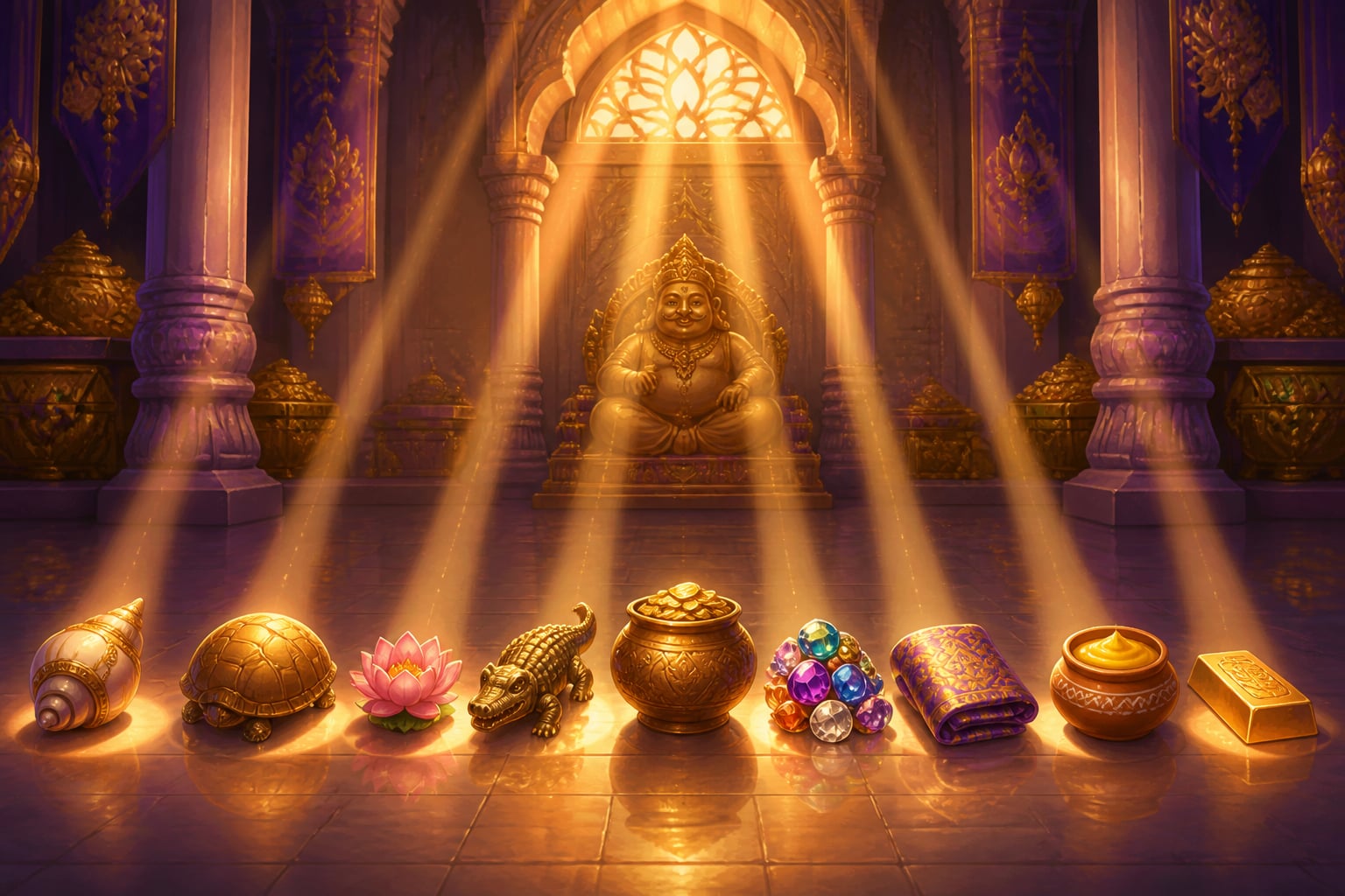 The nine treasures of Kubera arranged in a treasury