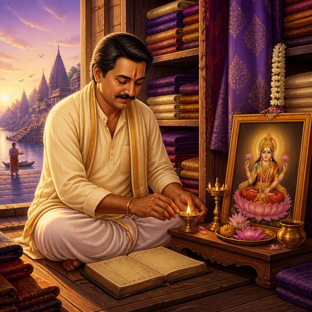 Merchant Dhanapala lighting a diya before Lakshmi at dawn