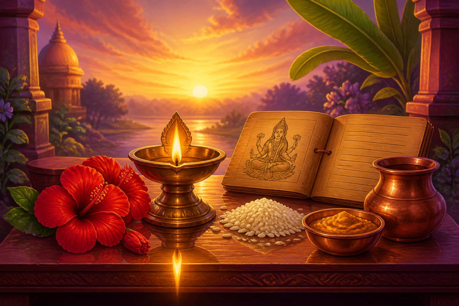 A diya and palm-leaf Lakshmi Gayatri laid out at the altar
