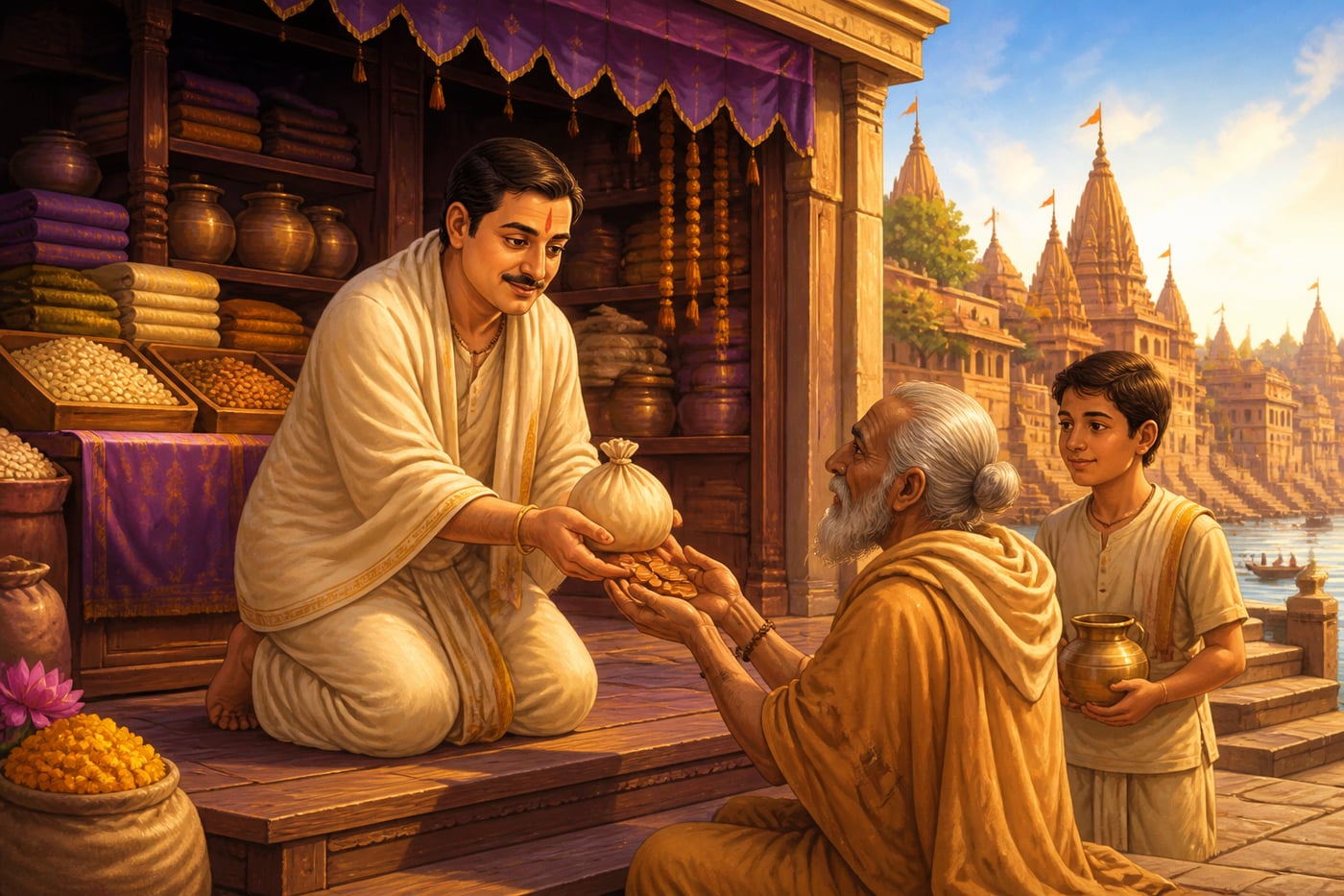 A merchant placing grain and coins into a mendicant's hands