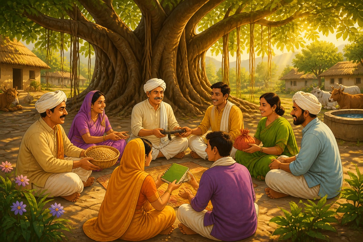 A circle of villagers exchanging offerings under a banyan tree