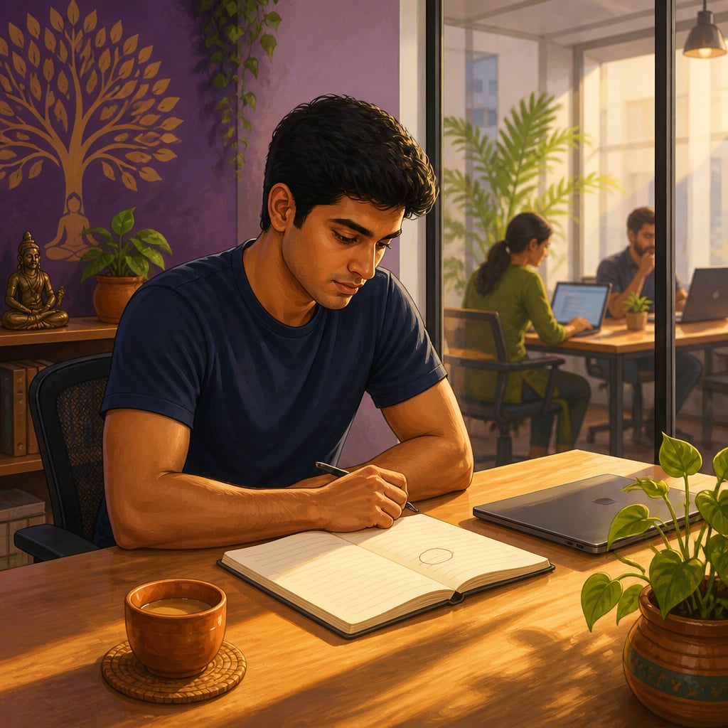 A young Indian founder weighing a pricing decision at his desk