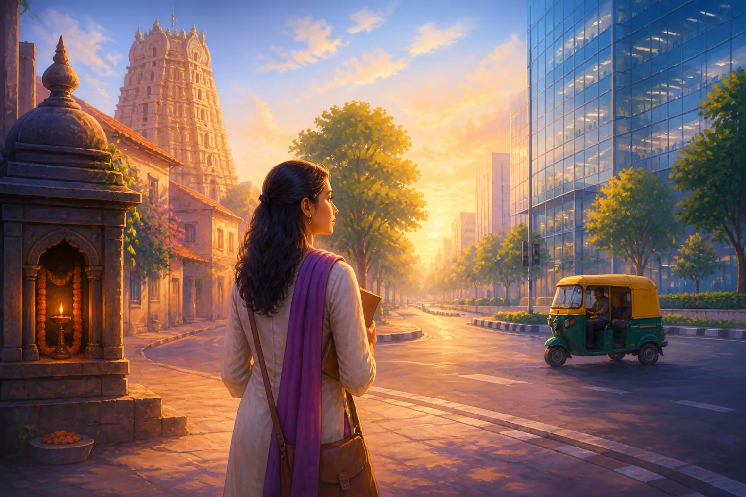 A woman at a crossroads of temple lane and modern avenue