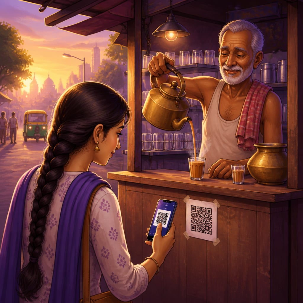A young woman scanning UPI at a roadside chai stall at dawn