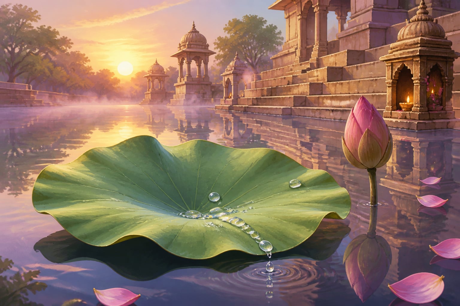 Lotus leaf floating on still temple water