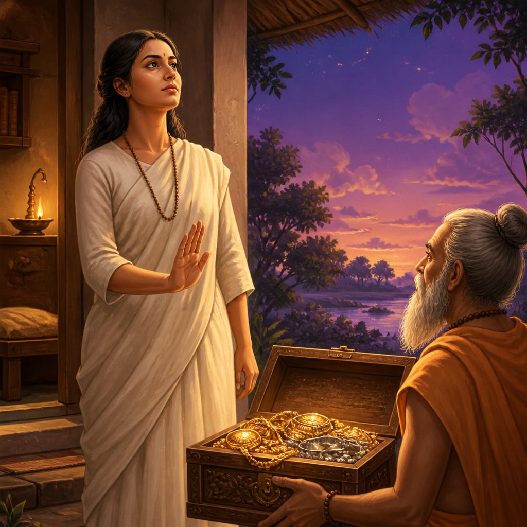 Maitreyi refusing chest of gold at threshold