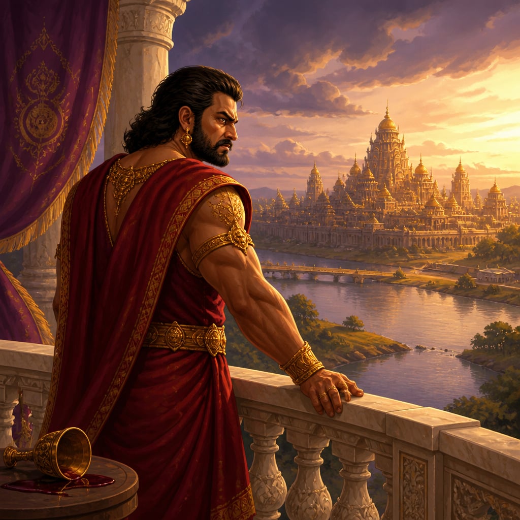 Duryodhana gazing enviously at Indraprastha from balcony