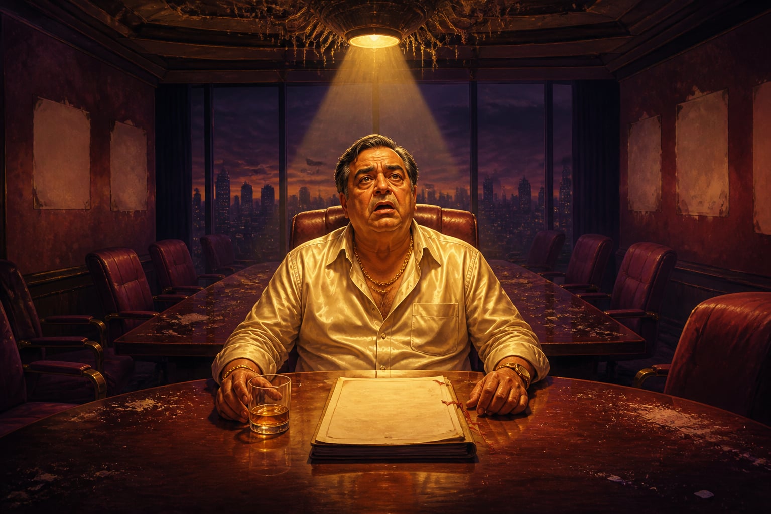 Fallen tycoon at an abandoned airline boardroom