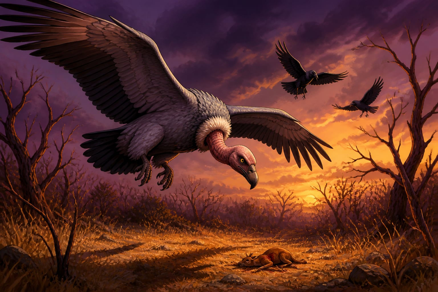Solitary vulture circling a dusk forest clearing