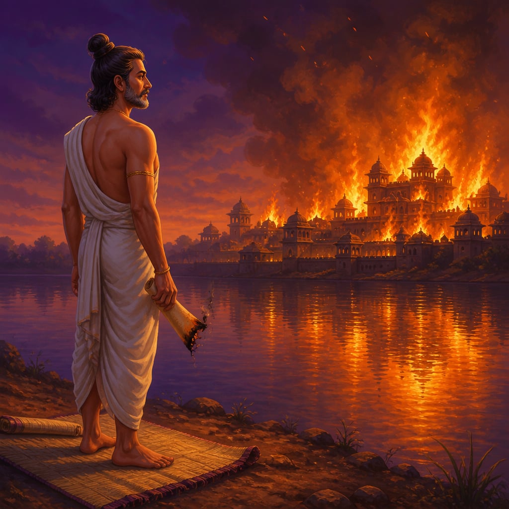 King Janaka calmly watching Mithila palace burn