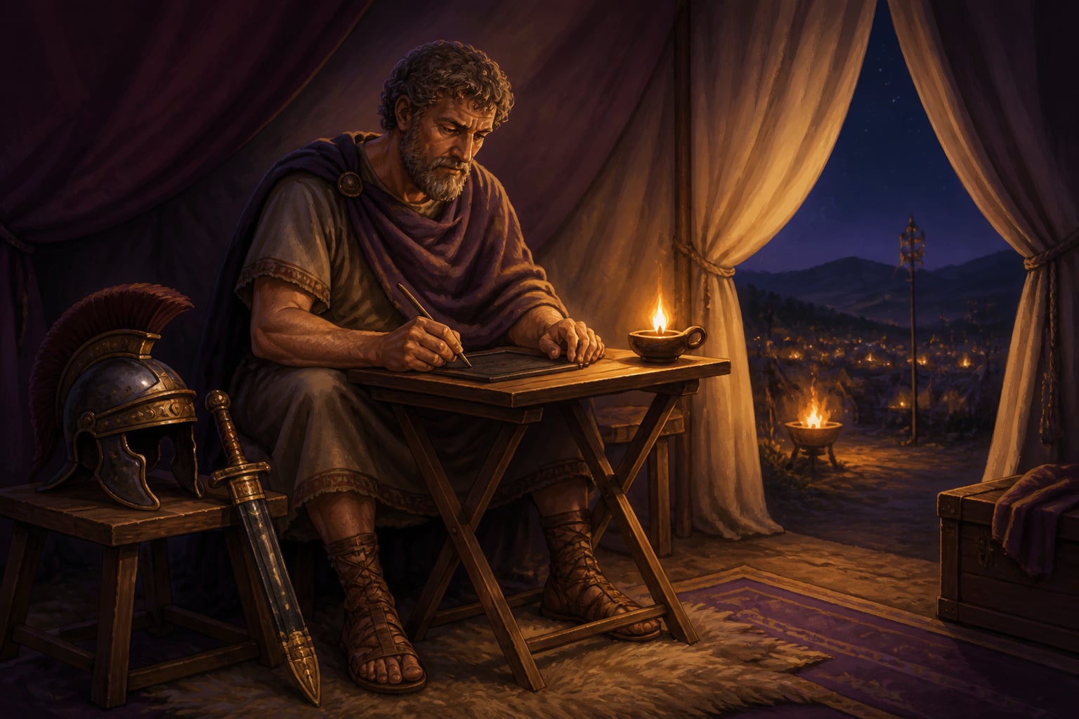 Marcus Aurelius writing meditations in his tent