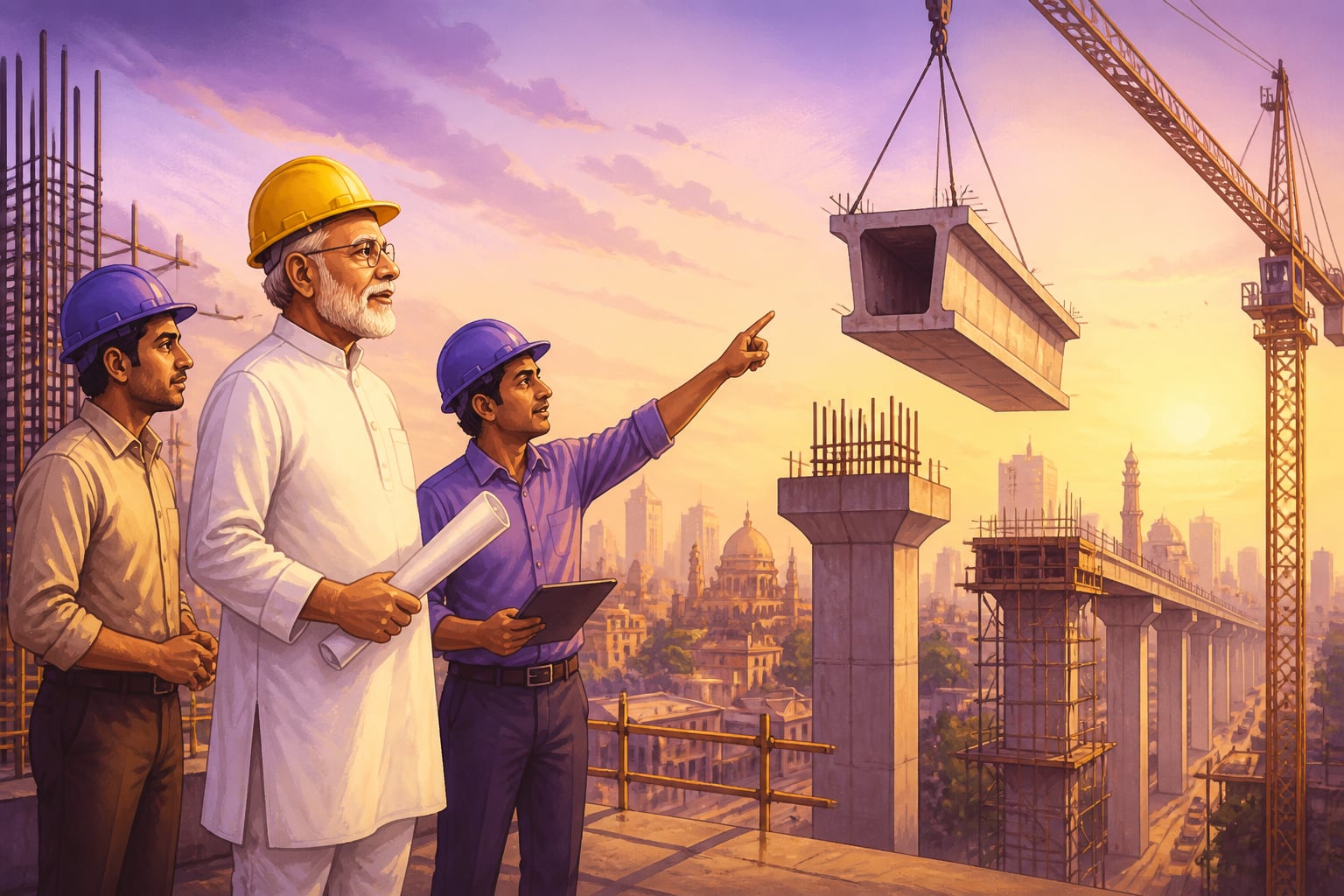 Engineer inspecting Delhi Metro viaduct construction