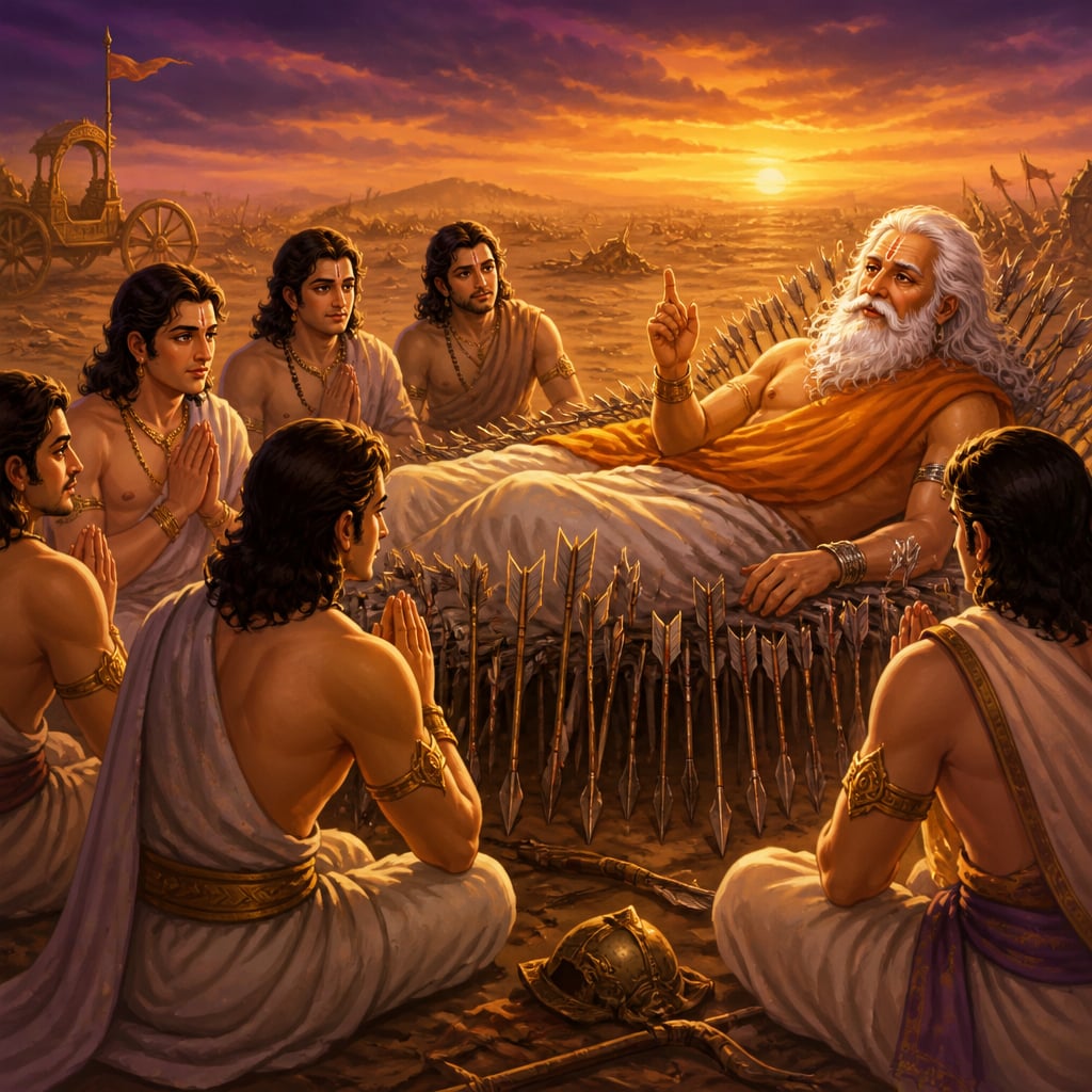Bhishma teaching dharma from bed of arrows